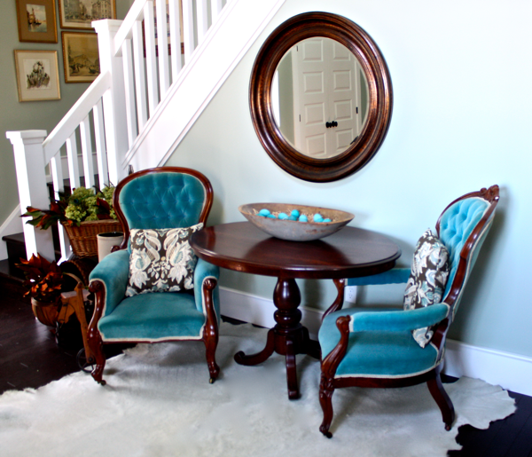 antique dough bowl, victorian furniture and hide rug…cynthiaweber.com