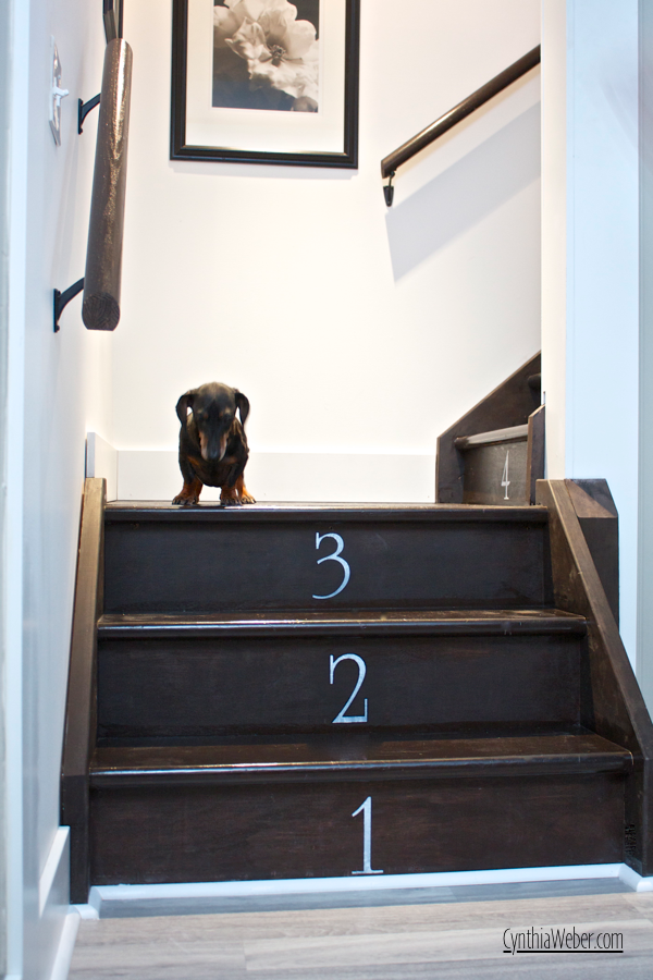 Emmitt inspects the finished stenciled numbers on the basement staircase… CynthiaWeber.com