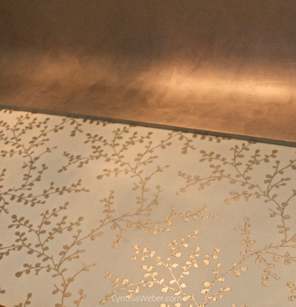 Hand Rubbed Coving using Modern Masters Matte Metallic paint to blend with Linden Wallpaper in Foyer. CynthiaWeber.com