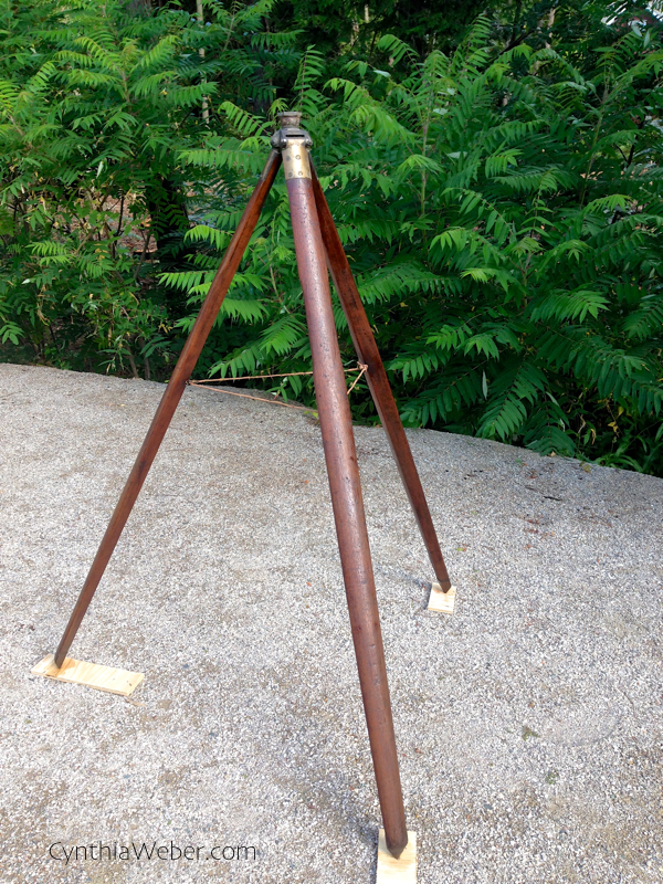 Antique Surveyors Tripod with danish oil finish… the inspiration for our Industrial Lamp Project… CynthiaWeber.com