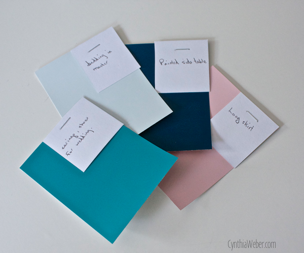 My design tip; easy way to match items using Paint chips… CynthiaWeber.com
