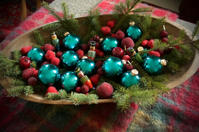 Antique bowl filled with Christmas decorations at BannockBurn 1878... CynthiaWeber.com